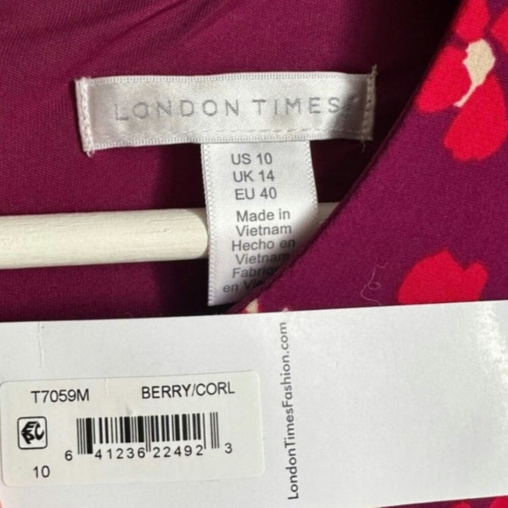 London Times Inset Waist Short Sleeve Midi Dress Berry/Coral NWT Size 10 - Picture 5 of 5
